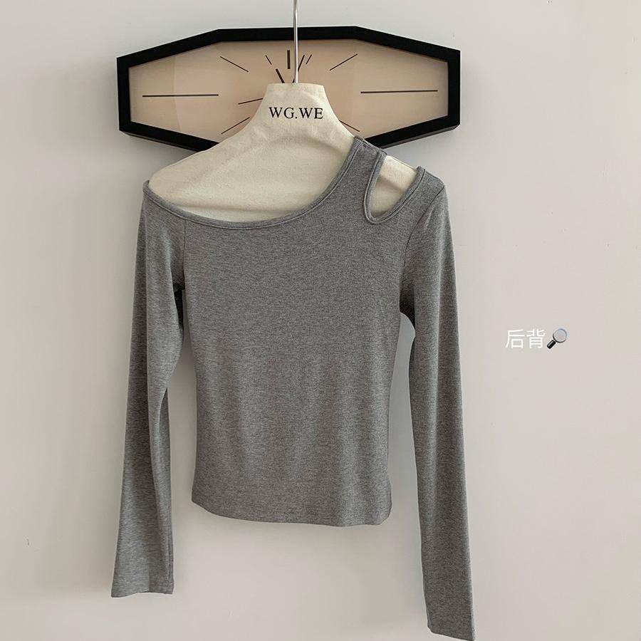 2024秋季不规则露肩长袖T恤女设计感小众修身内搭打底衫洋气上衣,淘宝优惠券,粉丝福利购,淘宝优惠卷