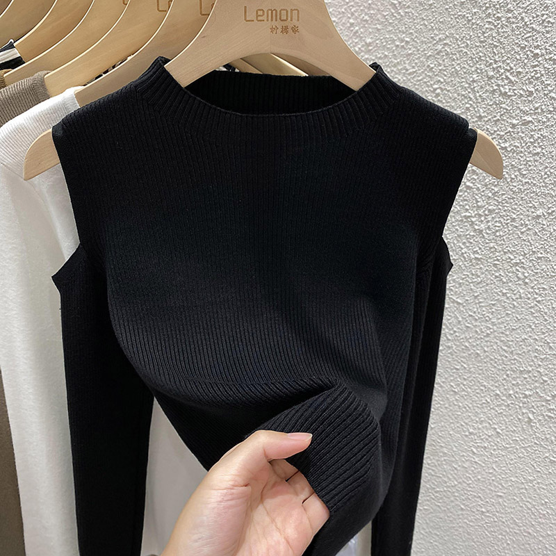 2025早春黑色镂空针织衫女红色露肩短款上衣修身显瘦内搭打底毛衣,淘宝优惠券,粉丝福利购,淘宝优惠卷