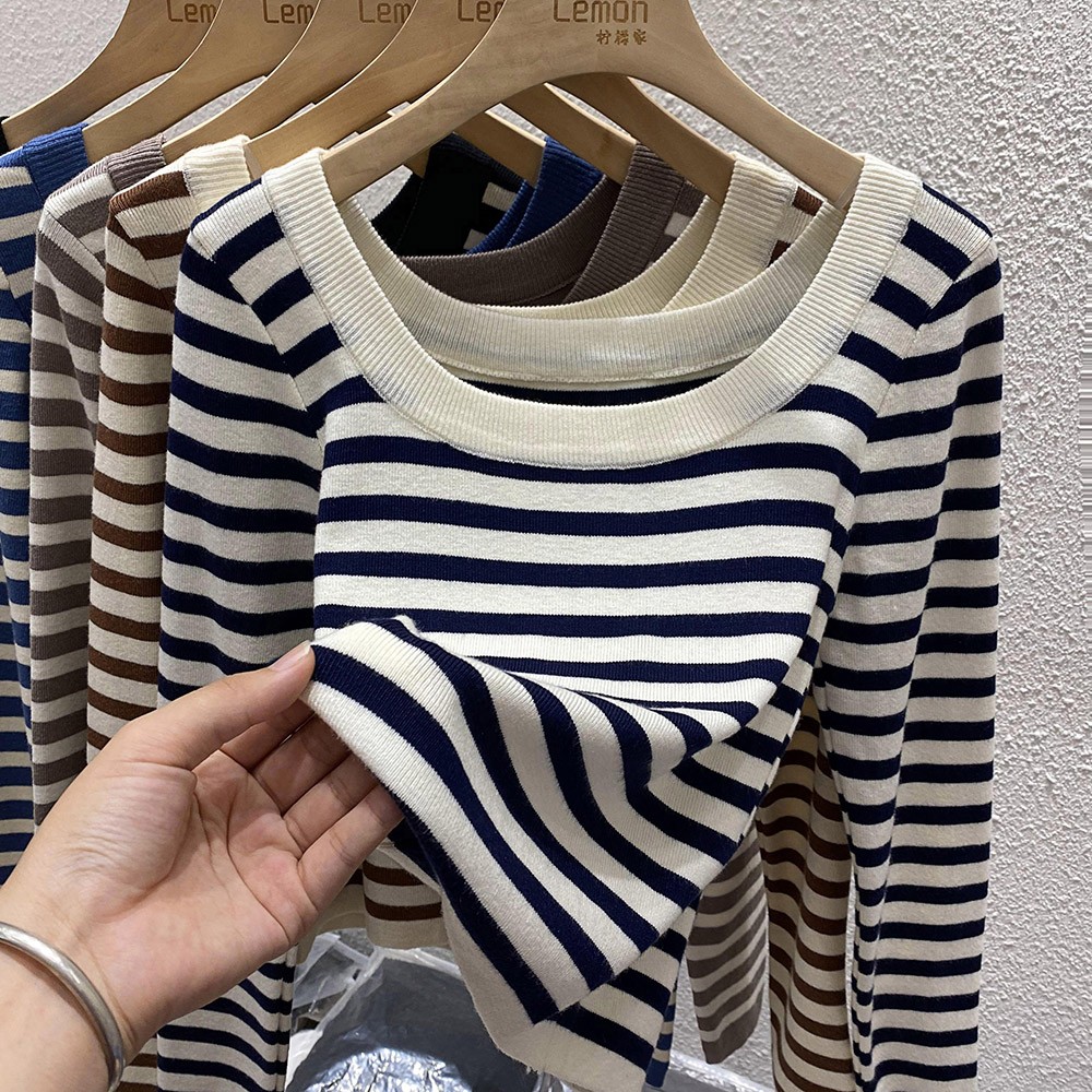 2025早春毛衣女加厚内搭打底衫复古设计感小众修身条纹针织衫上衣,淘宝优惠券,粉丝福利购,淘宝优惠卷