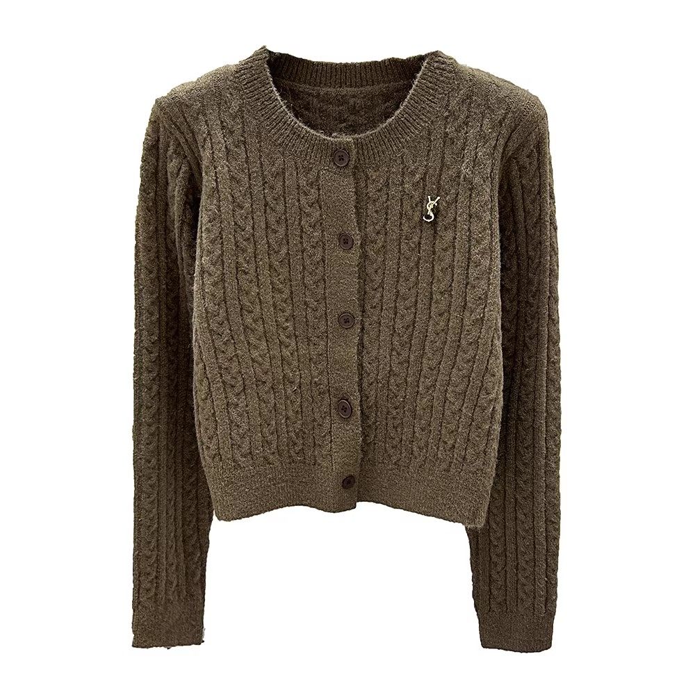 2023秋冬圆领法式毛衣女外套设计感小众长袖加厚麻花针织开衫上衣,淘宝优惠券,粉丝福利购,淘宝优惠卷