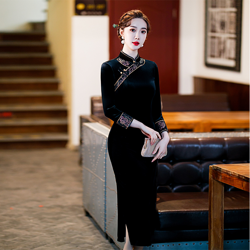秋冬款高端改良金丝绒旗袍高级感冬季加绒加厚年轻款妈妈秋天礼服 - 图3