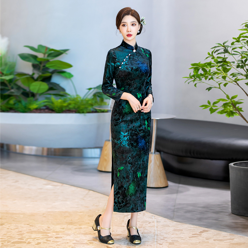 日常国潮风新中式旗袍绿色修身显瘦高端妈妈时尚春秋款改良连衣裙 - 图1