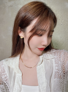 拼接珍珠镀金锁链女锁骨项链