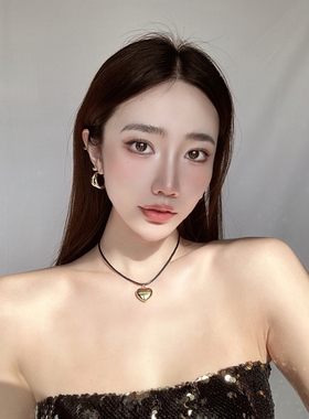 纯银黑色绳子金色项链