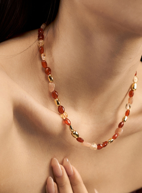 VOGUEWANG原创新年款925纯银镀金色天然红玛瑙黄玉石宝石串珠项链