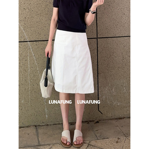 LUNAFUNG 冯下文白色高腰A字半身裙女全棉显瘦学院风韩版八奶裙子 - 图0