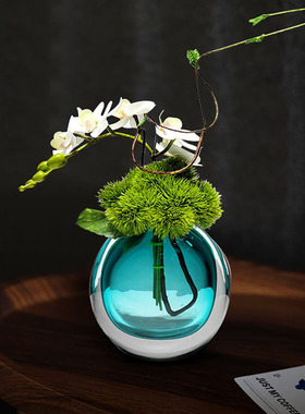 仿真蝴蝶兰绿球轻奢琉璃花瓶商场4S店展示柜桌面软装水晶高端摆件