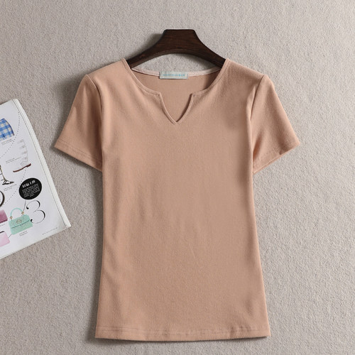 倩之诺品牌女装春夏纯棉磨毛短袖V领T恤女士修身款打底衫上衣大码 - 图1