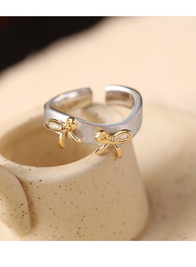 拉丝金银撞色蝴蝶结女戒冷淡风
