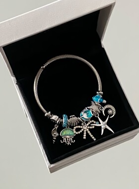 潘家水母吊坠串珠手镯跨境时尚海洋风手链DIY手环蓝色水晶蝴蝶结