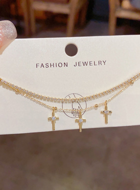 欧美跨境时尚复古镶钻双层十字架手链气质轻奢独特设计感手饰批发