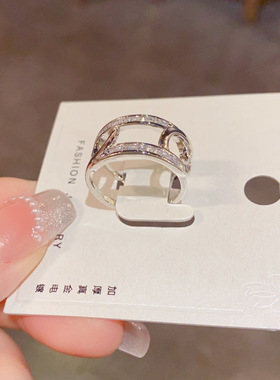 网红精致超闪锆石戒指女生轻奢高级感开口可调节指环简约真金电镀