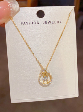 日韩精致时尚满钻银杏叶圆环项链气质轻奢百搭高级感超闪锁骨链女