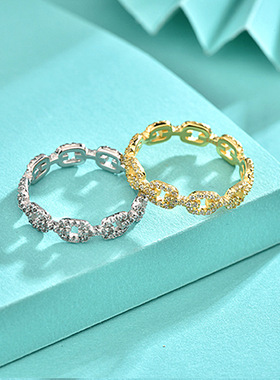 925纯银链条满钻戒指欧美冷淡风女小众微镶碎钻复古闭口指环饰品