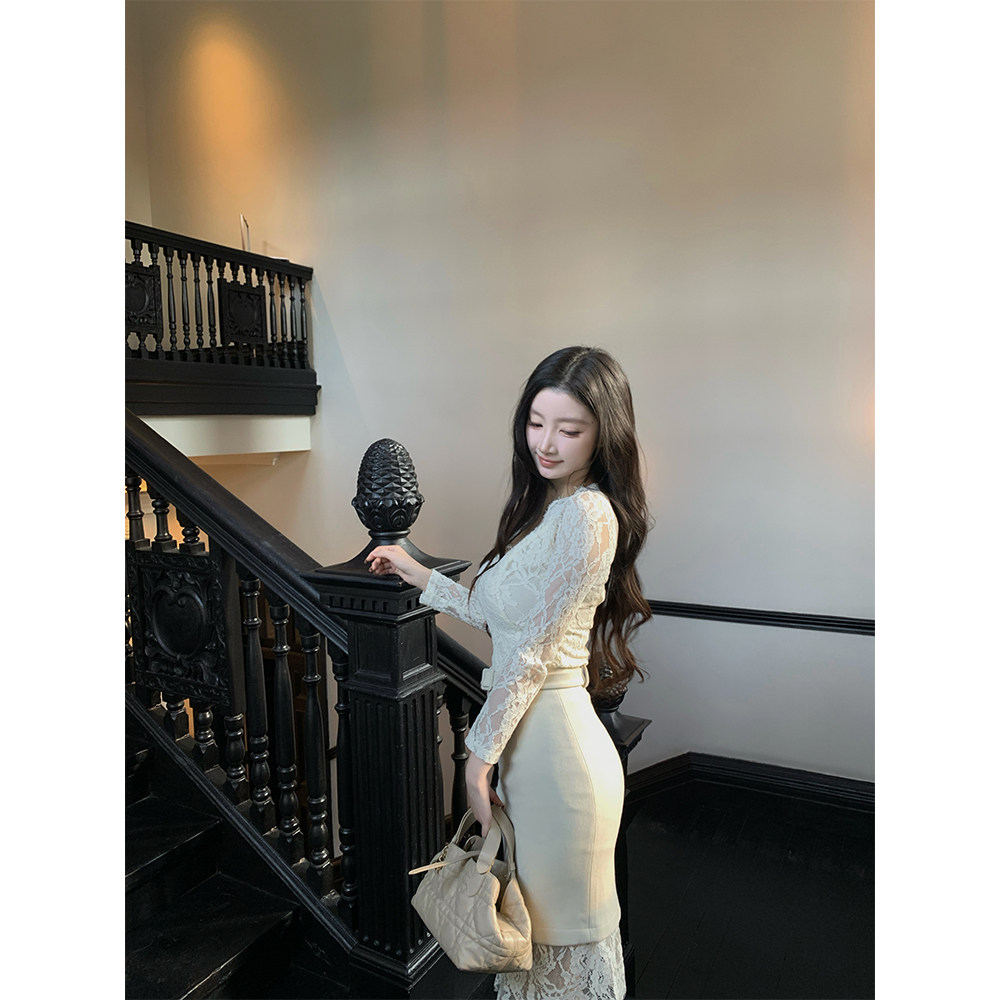 THE SWAN司凰轻奢 白月光 气质长袖蕾丝衫上衣羊毛包臀半身裙套装,淘宝优惠券,粉丝福利购,淘宝优惠卷