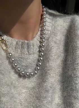 珍珠高级感经典真多麻灰项链