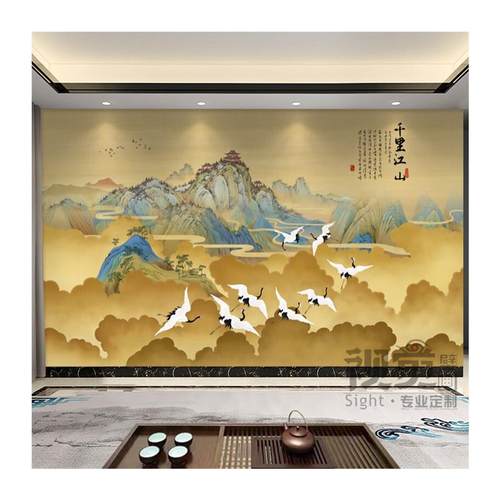 千里江山新中式水墨山水客厅壁纸影视墙布办公室卧室沙发壁画壁布 - 图3