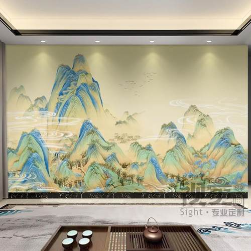 千里江山新中式水墨山水客厅壁纸影视墙布办公室卧室沙发壁画壁布 - 图0