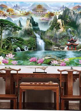 堂口供桌山水画佛仙堂无活物装饰画客厅亭子有山水自粘壁画背景墙
