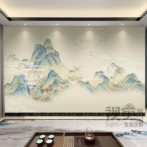 千里江山新中式水墨山水客厅壁纸影视墙布办公室卧室沙发壁画壁布 - 图1