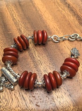 天然蜜蜡大隔片S925银锁长命锁铃铛女士手链