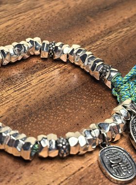 S925盘缠手链锤纹重工风足银手串皮绳款复古风抽拉绳女款潮流时尚