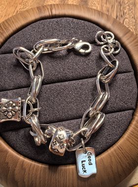 S925纯银复古做旧六角星老花锁包手链新款小众设计冷淡风手链