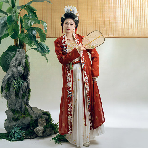 瞳莞设计花月侬歌乐图印金刺绣直领对襟窄袖长褙子百迭裙汉服女 - 图0