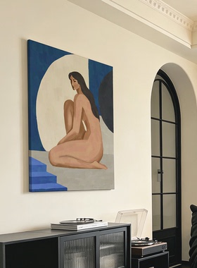 素影莫兰迪蓝白几何色块人体油画风装饰画简约抽象卧室会所挂画