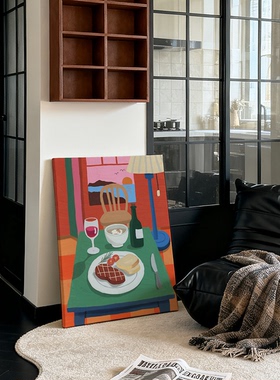 北欧ins风餐桌静物多巴胺装饰画创意日落海景温馨晚餐治愈系挂画