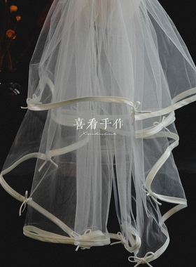 手作唯美白色蝴蝶结韩式头纱