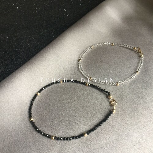 TYUSHA设计 进口天然黑色尖晶石14K注金手链手串施家白水晶超闪女 - 图1