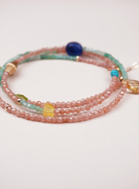 天然红纹石多宝手链女款极细多圈手饰原创设计项链绿宝石撞色手串