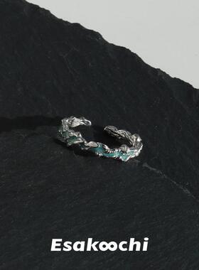Esakoochi川流不息~复古蓝开口戒指925银指环小众高级感情侣礼物