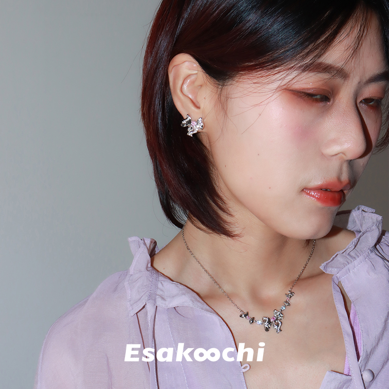 Esakoochi在逃公主~原创设计甜美蝴蝶结锆石耳钉小众少女粉钻耳饰 - 图3