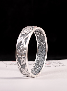 禅意祥云佛手莲花女士银开口手镯