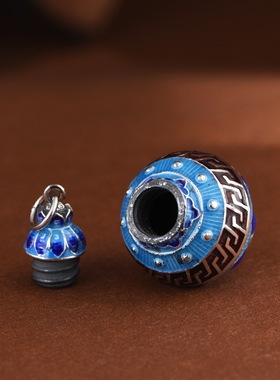 S925银吊坠复古国风景泰蓝莲花玉壶春瓶可打开嘎乌盒吊挂坠香薰盒