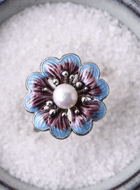 景泰蓝天然淡水珍珠花朵戒指环