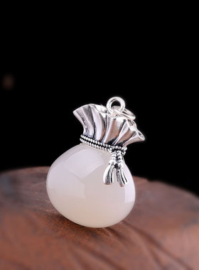 纯银复古镶嵌玉髓福袋女士吊坠