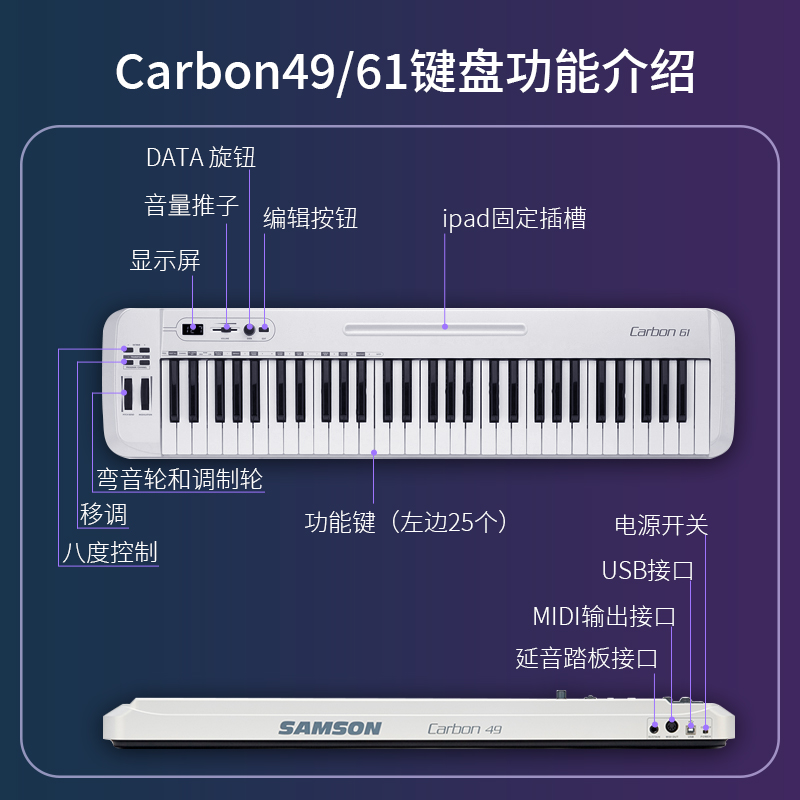 SAMSON山逊Carbon49/61键半配重力度琴键midi键盘专业编曲控制器 - 图2