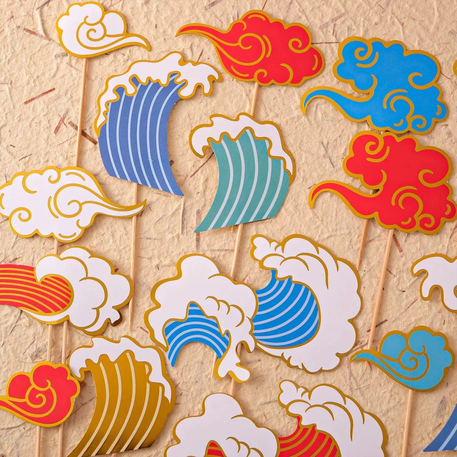 中式祥云浪花蛋糕装饰插牌国潮风云朵海浪祝寿周岁甜品台装扮插件,淘宝优惠券,粉丝福利购,淘宝优惠卷