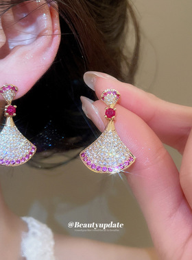 18k真金电镀锆石扇形耳钉项链