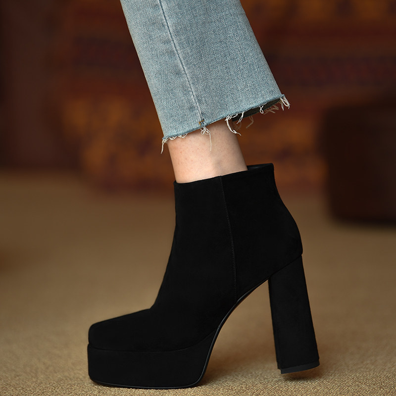 Misili 真皮粗跟短靴女2024秋冬季新款防水台高跟鞋黑色厚底女鞋,淘宝优惠券,粉丝福利购,淘宝优惠卷