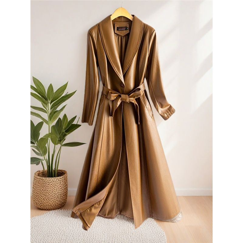 高奢海宁真皮皮衣女中长款女新款系带修身过膝气质绵羊皮风衣外套,淘宝优惠券,粉丝福利购,淘宝优惠卷