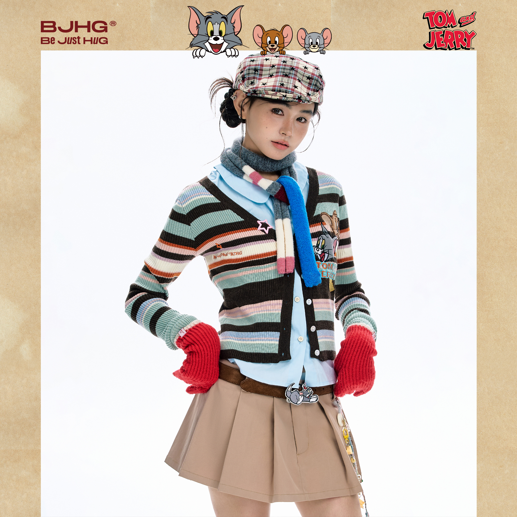 【猫和老鼠联名】BJHG不计后果条纹毛衣女秋冬装复古针织开衫外套 - 图2