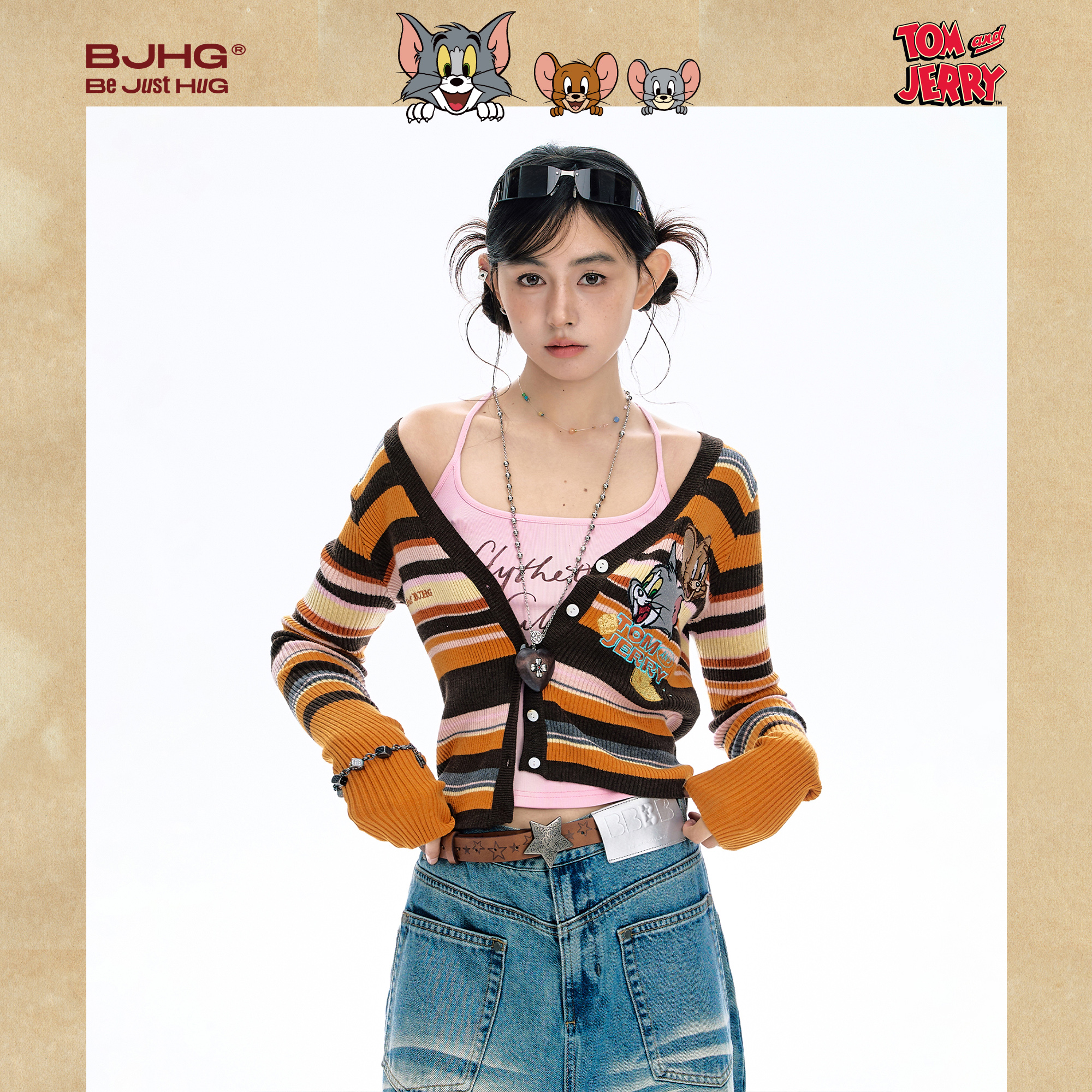 【猫和老鼠联名】BJHG不计后果条纹毛衣女秋冬装复古针织开衫外套 - 图0