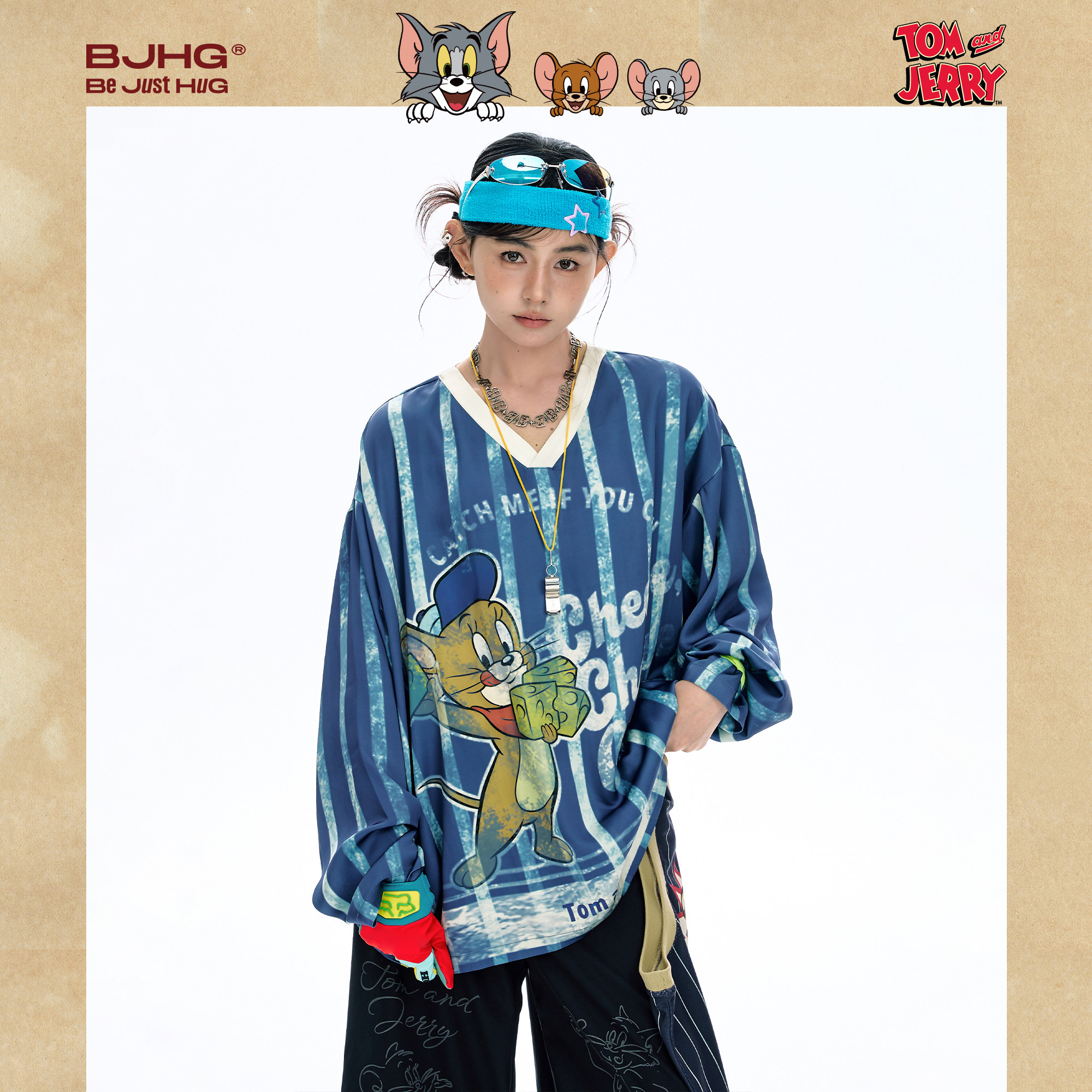 【猫和老鼠联名】BJHG不计后果V领长袖t恤女款秋季运动休闲球衣女,淘宝优惠券,粉丝福利购,淘宝优惠卷