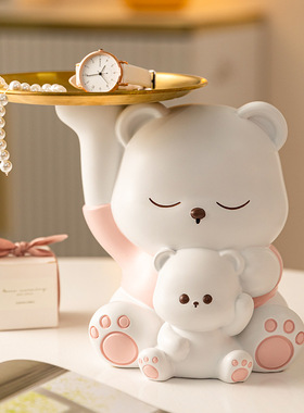 高档轻奢抱抱熊中式玄关钥匙摆件