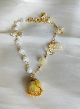 手工永生花珍珠手链真花玫瑰花手链复古甜美清新小众设计手串