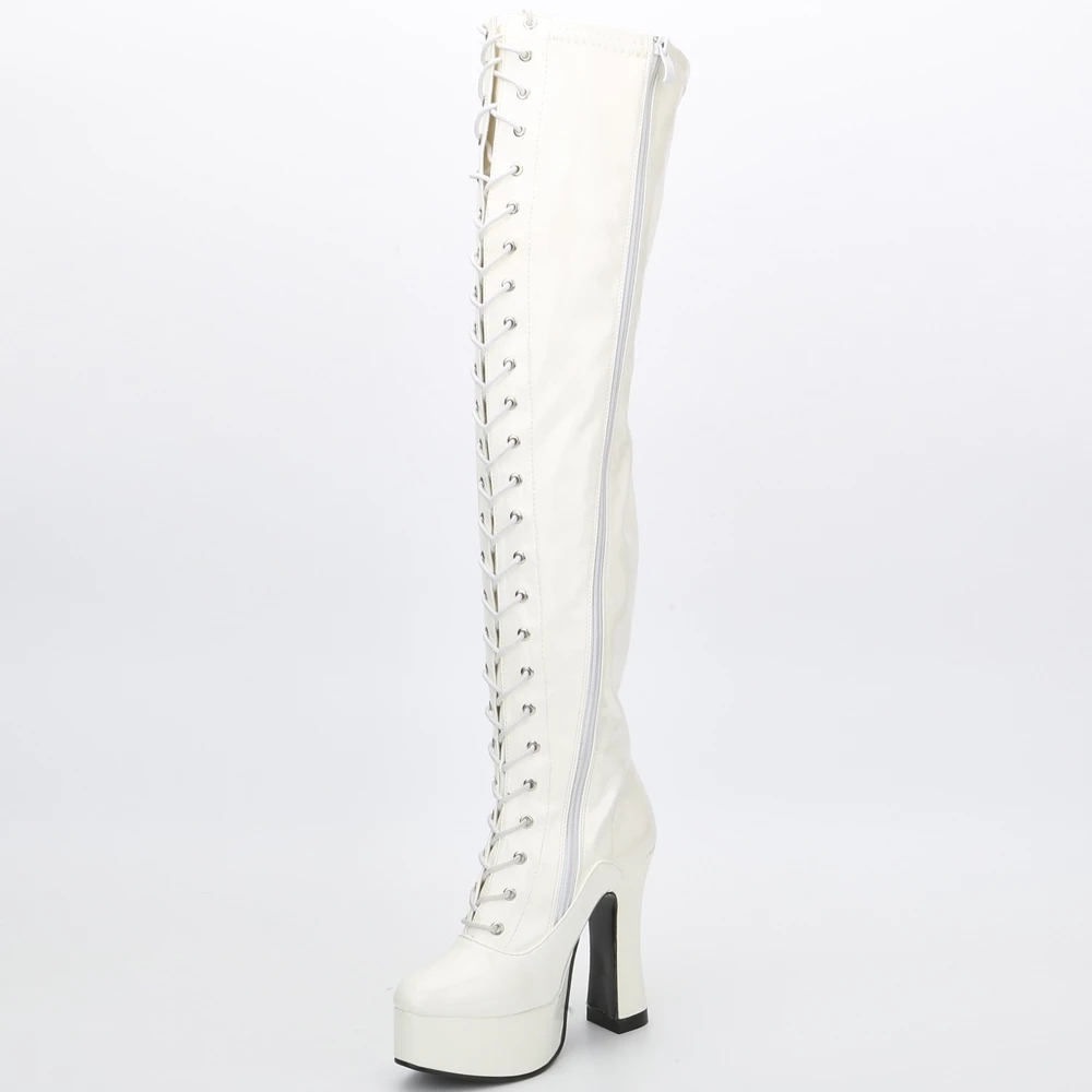 苦月亮新款粗跟厚底马丁靴过膝长筒弹力漆皮高跟12CM靴子夜店情趣 - 图3